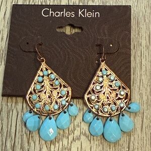 Charles Klein Silver-tone filigree chandelier earrings with turquoise beads NWT